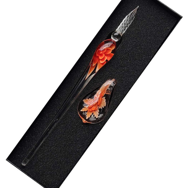 SIPLIV Crystal Glass Intarsia Dip Pen Fountain Pen Kit Vintage Calligraphy Signatures Pen, Orange - Image 1